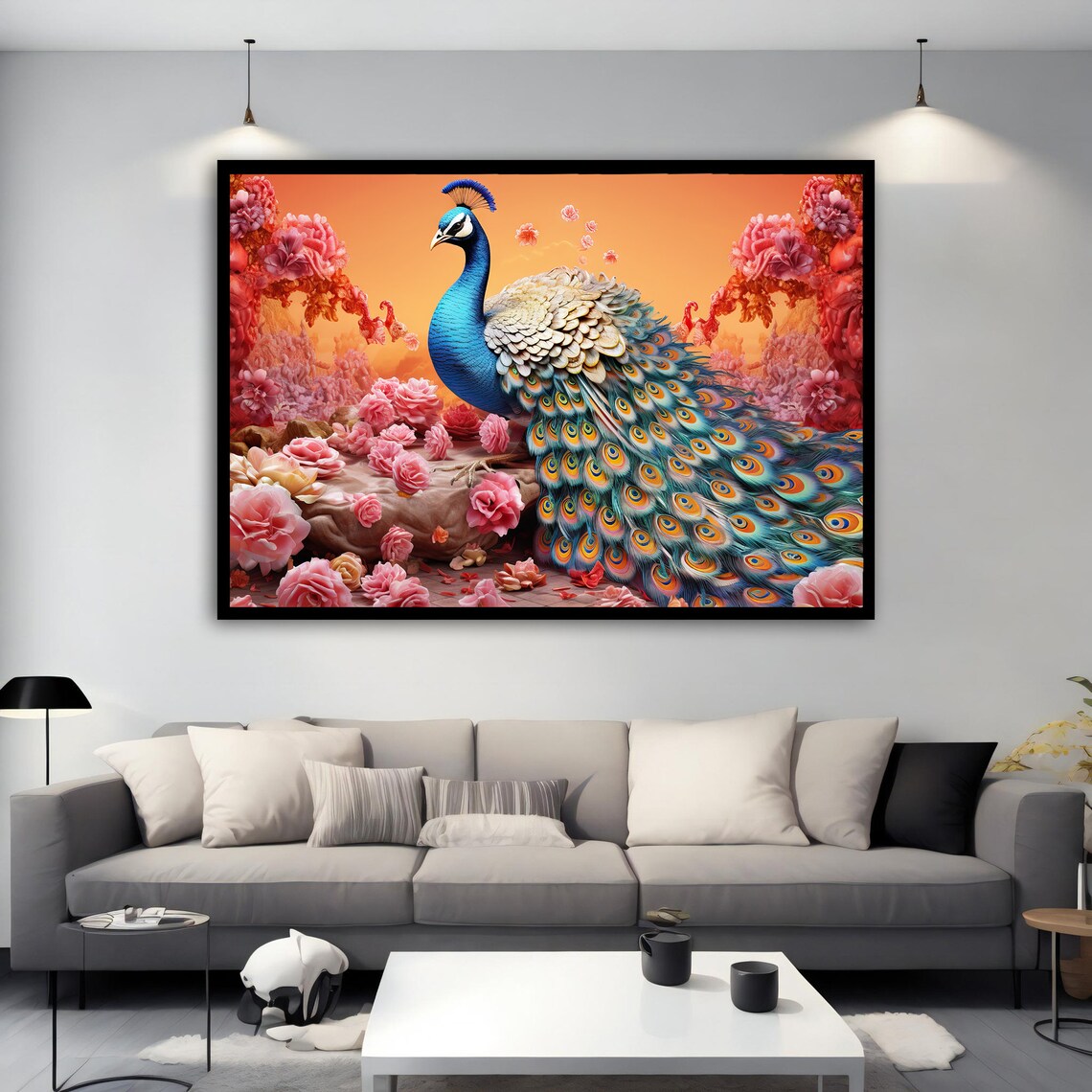 Painting Of Peacock In Pink Roses Floral Peacock Painting Print On Framed Wall Blue Animal Art Artistic Bird Painting - Image 3