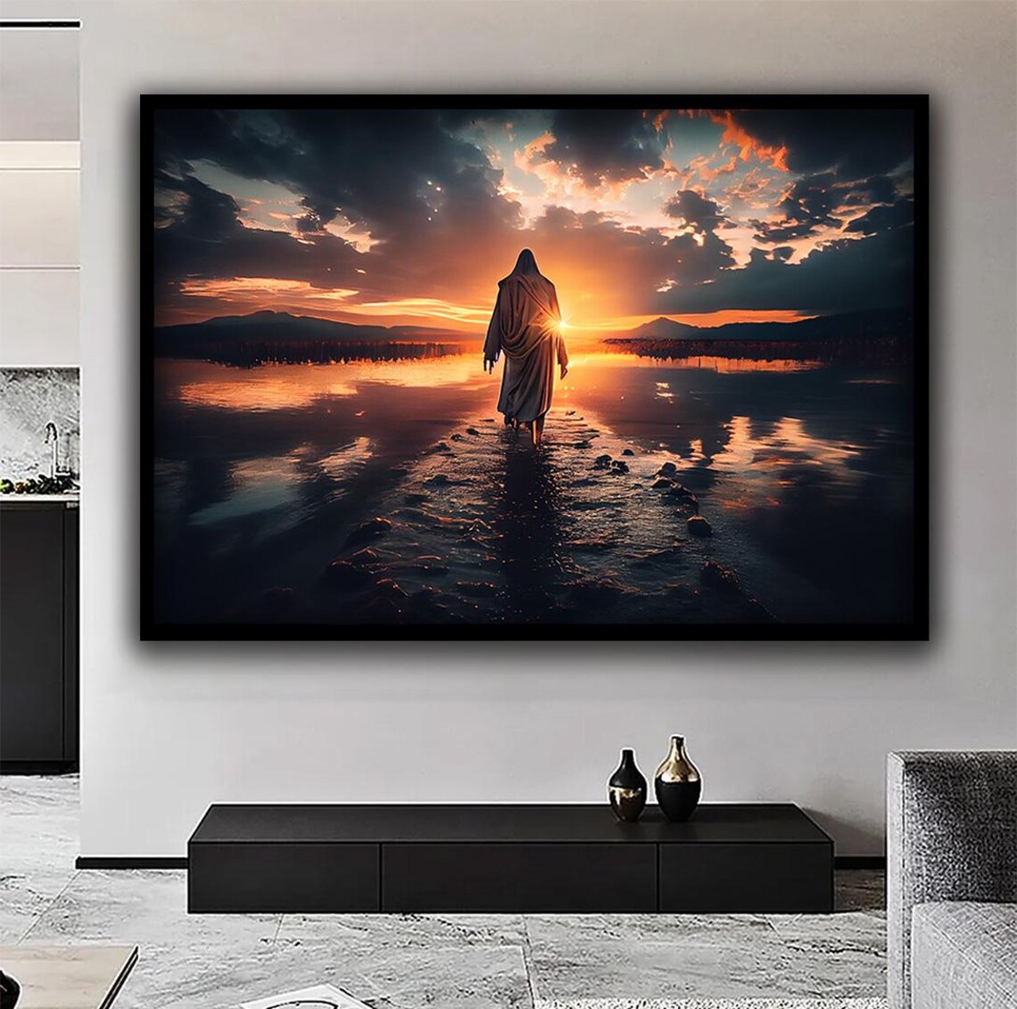 Jesus Walking On Water Sunset Miracle Calm Sea Inspirational Faith Art Poster - Image 3