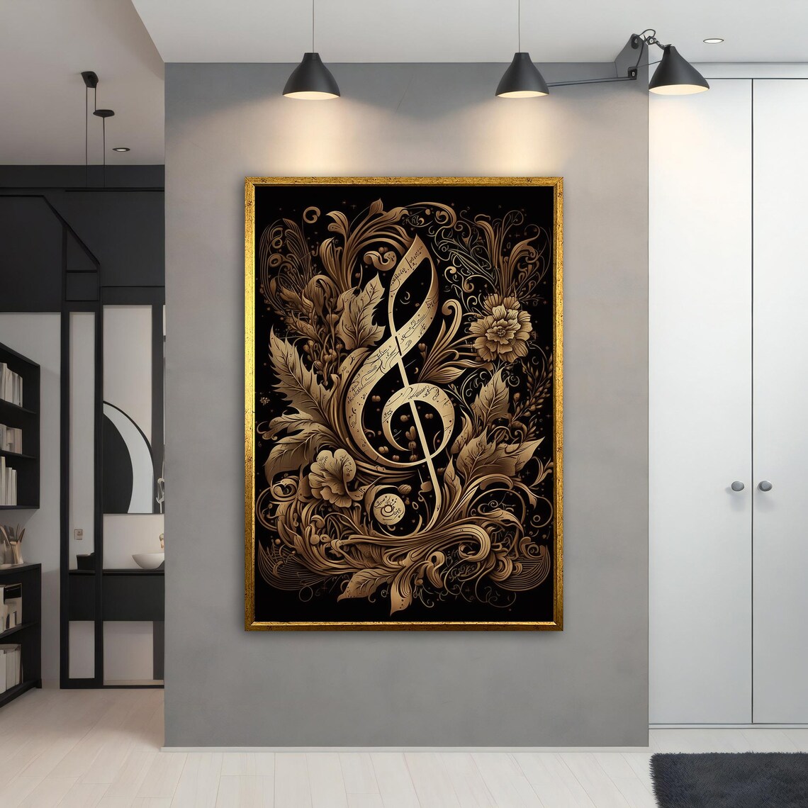 Golden Treble Clef Ornate Floral Music Note Black Gold Wall Poster - Image 4