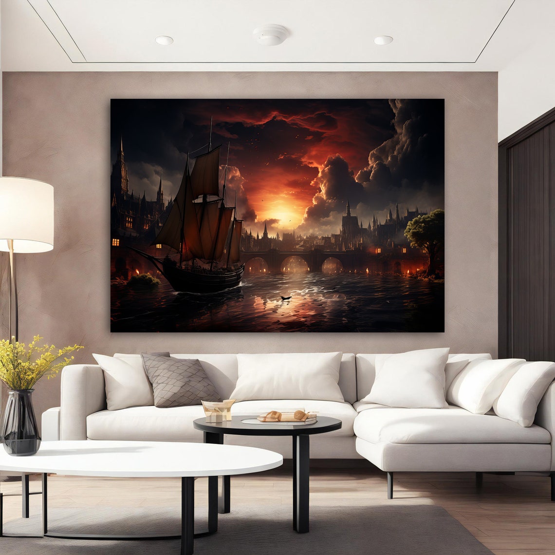Pirate Ship Sailing Past Burning City at Dramatic Fiery Sunset Poster