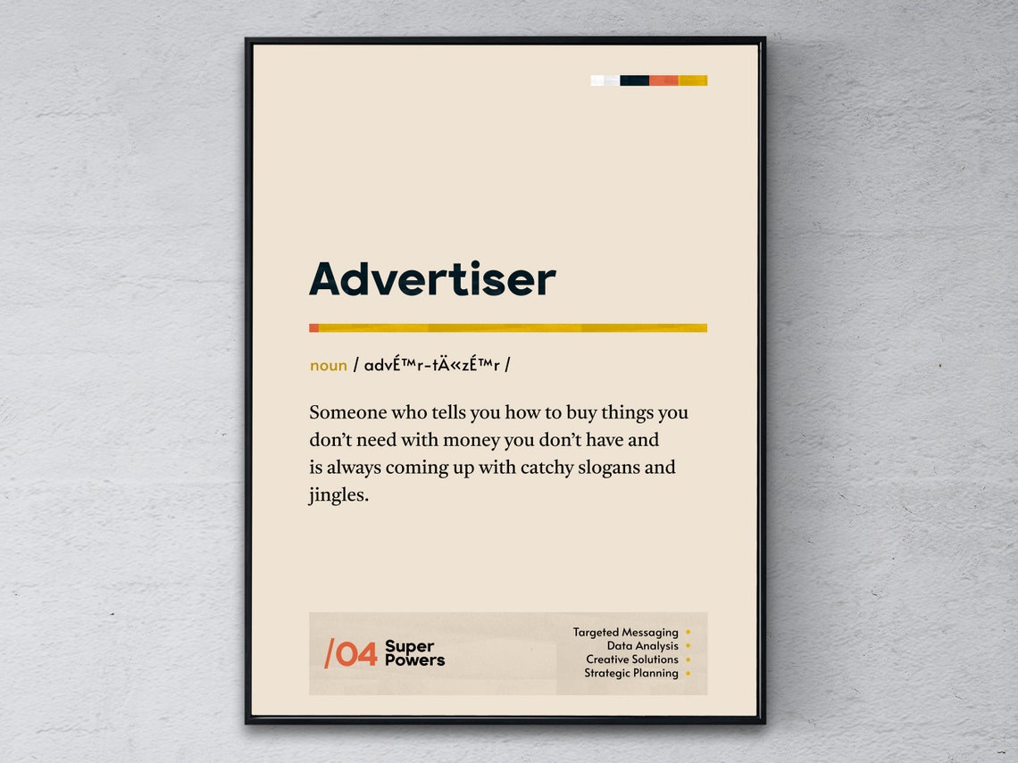 Advertiser Definition Poster Promoter Graduation Print Marketer Coworker Wall Art Funny Modern Office Gift