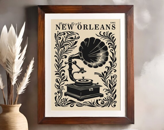 New Orleans 1965 Music Night Vintage Gramophone Jazz Art Poster