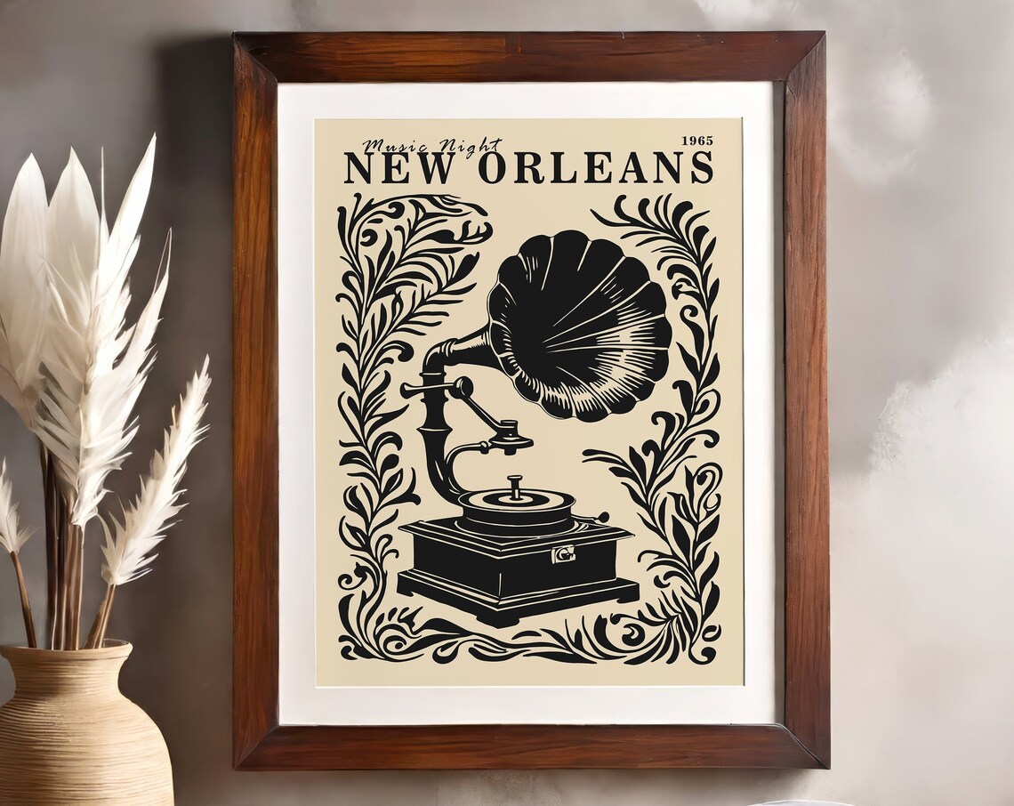 New Orleans 1965 Music Night Vintage Gramophone Jazz Art Poster