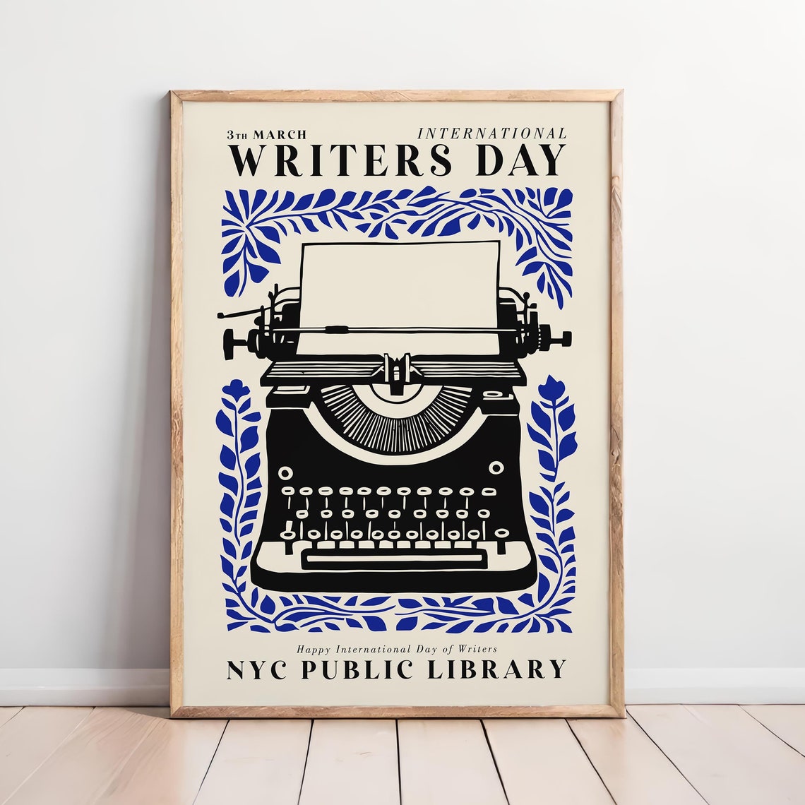 Gift International Writers Day Black Typewriter Blue Leaf Poster