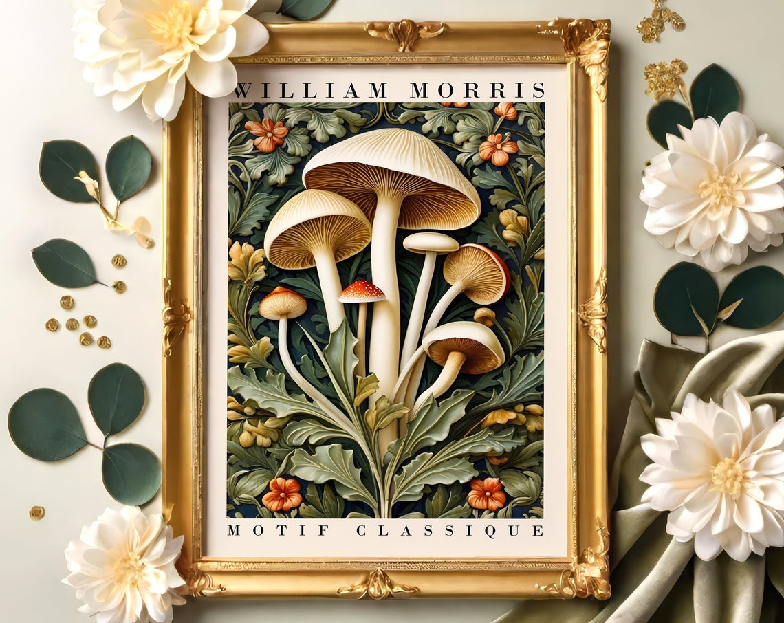 William Morris Motif Classique Mushroom Botanical Illustration Poster
