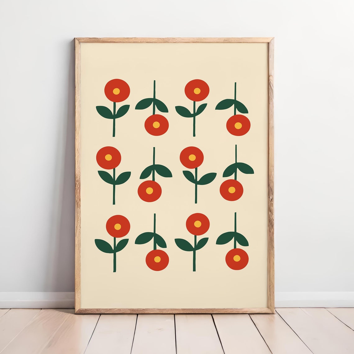 Mid Century Modern Red Flowers Simple Floral Pattern Art Print