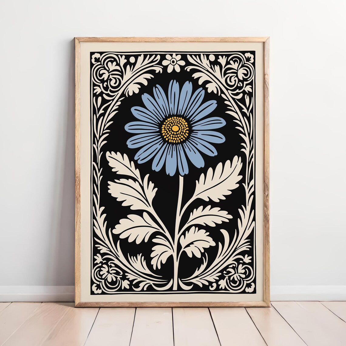 Blue Daisy Black Rococo Floral Vintage Style Botanical Poster