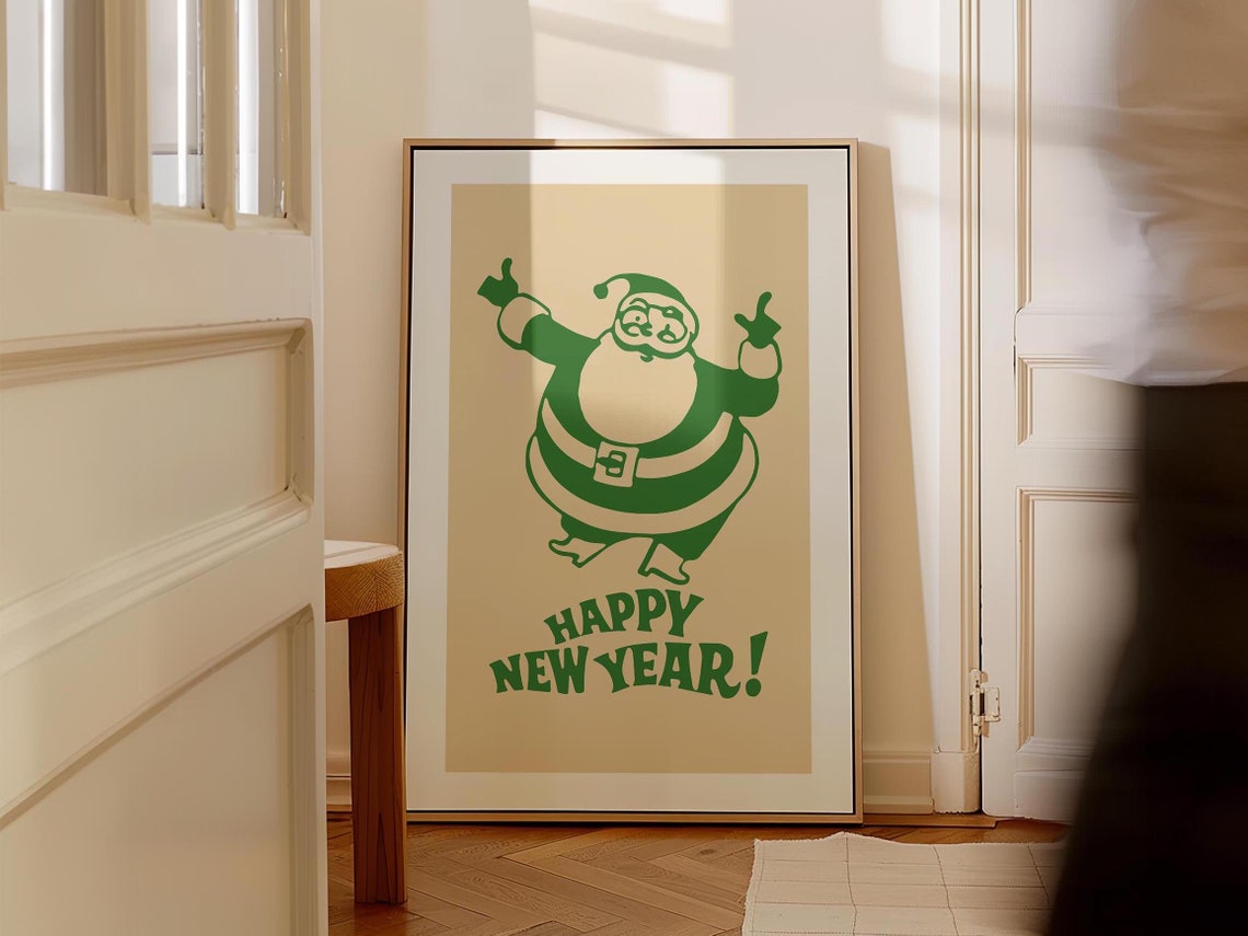 Happy New Year Dancing Santa Green Retro Holiday Party Poster