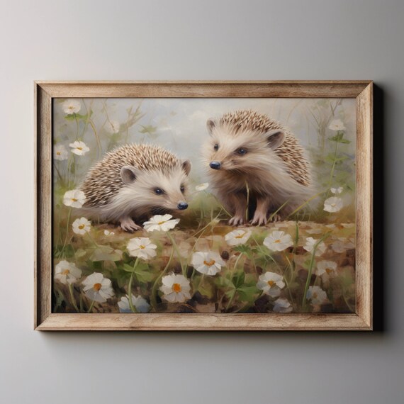 Two Hedgehogs Among White Wildflowers Vintage Woodland Animal Art Print