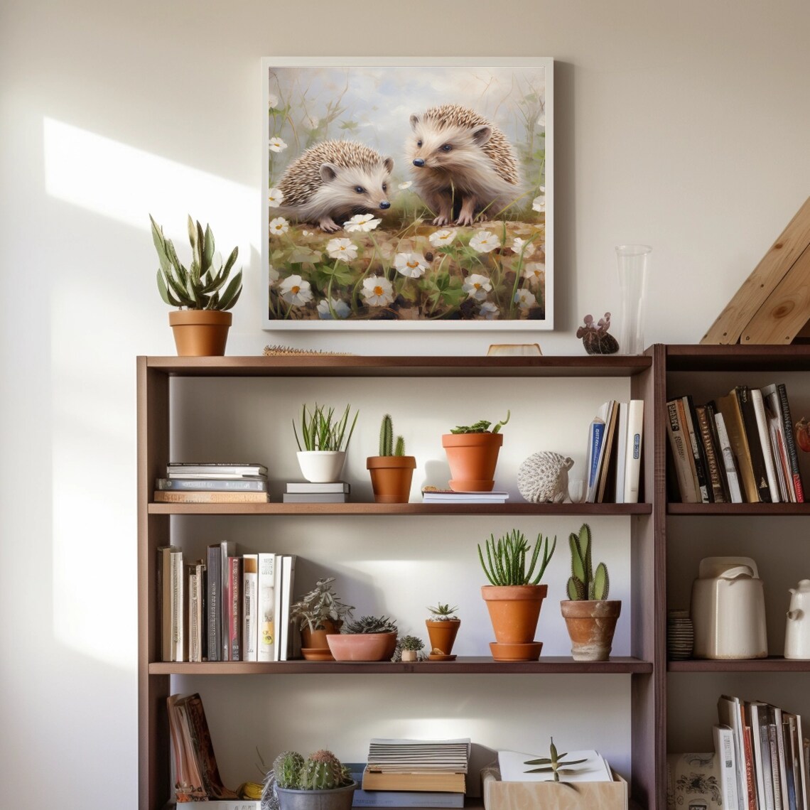 Two Hedgehogs Among White Wildflowers Vintage Woodland Animal Art Print - Image 2