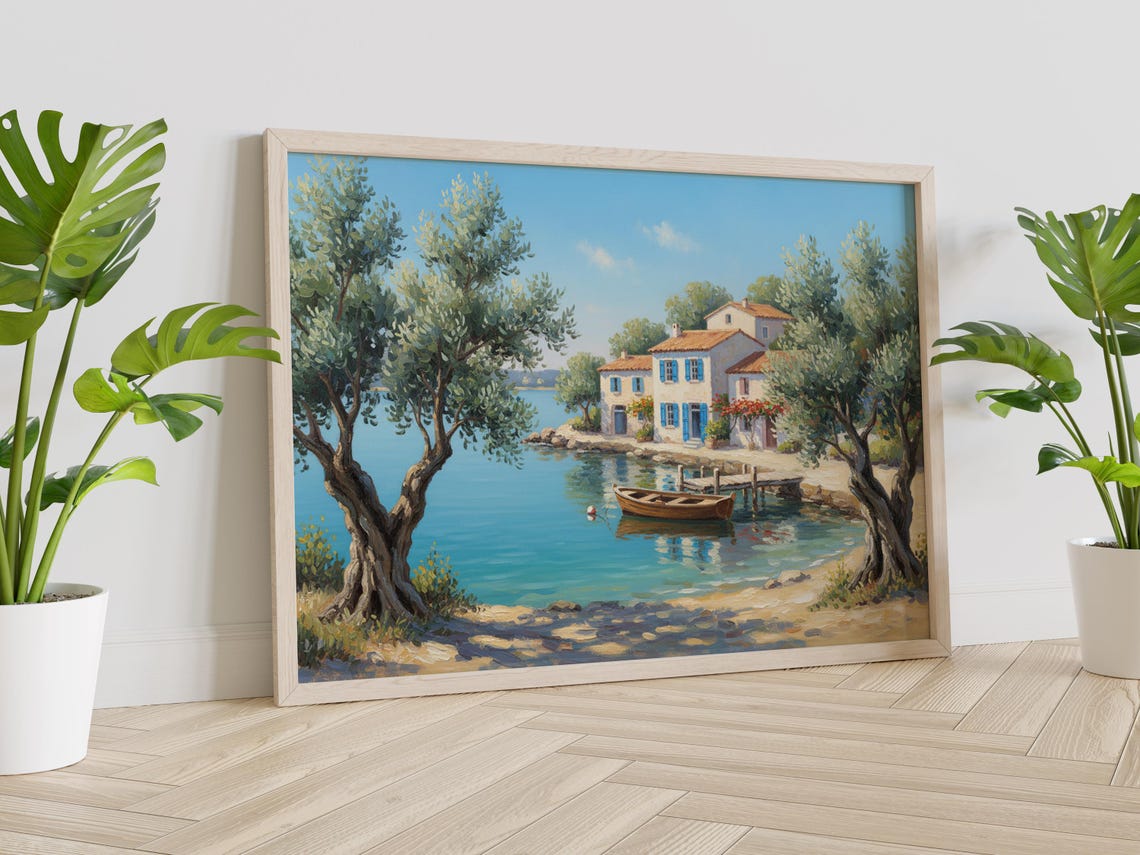 Mediterranean Olive Cove Villa Boat Turquoise Water Art Poster