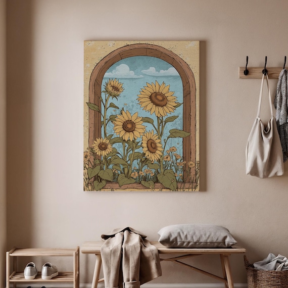 Sunflower Arched Window Vintage Floral Garden Sunny Botanical Art Poster