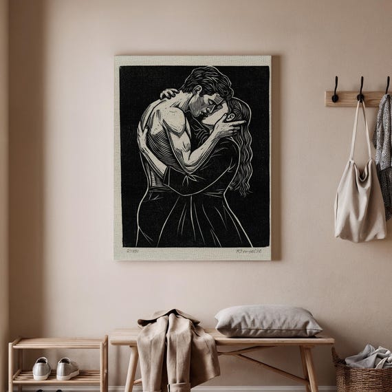 Romantic Couple Embrace Canvas Art Black And White Minimal Wall Decor Passionate Lovers Illustration Modern Bedroom Artwork