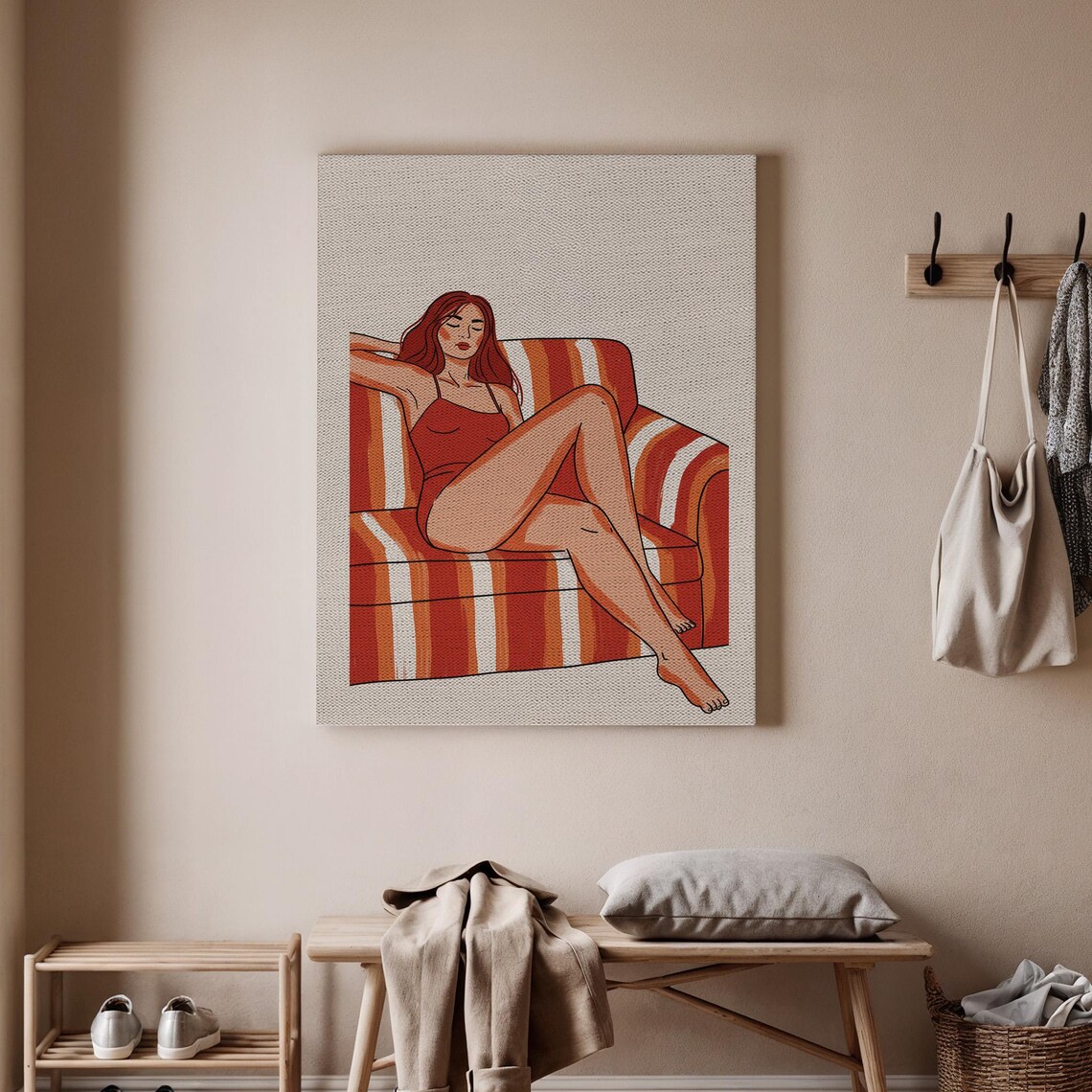 Retro Woman Relaxing On Striped Couch Minimalist Illustration Poster