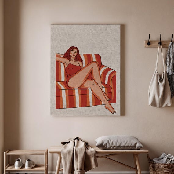 Minimalist Woman On Couch Canvas Art Retro Red And Orange Striped Sofa Illustration Modern Wall Decor For Living Room Or Bedroom
