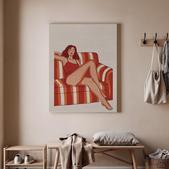 Retro Woman Relaxing On Striped Couch Minimalist Illustration Poster