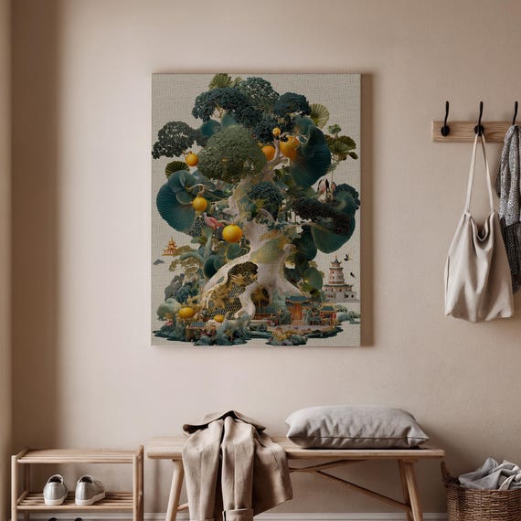 Surreal Tree And Landscape Canvas Art Vibrant Nature Architecture Illustration Fantasy Wall Decor For Living Room Or Office