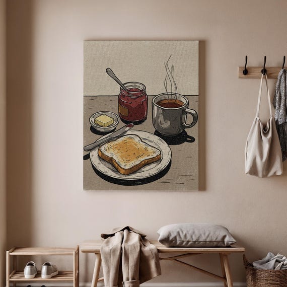 Breakfast Wall Art Print Coffee And Toast Canvas Kitchen Dining Room Decor Cozy Morning Illustration Vintage Food Poster For Home