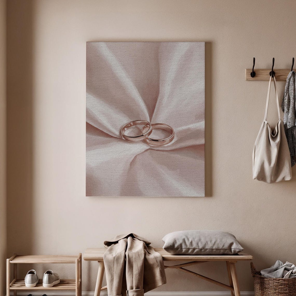 Wedding Rings on Blush Silk Minimal Romantic Engagement Art Print