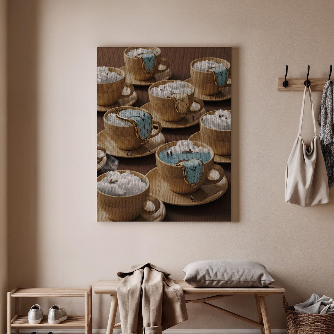Surreal Coffee Cups with Melting Clocks Dreamy Kitchen Poster