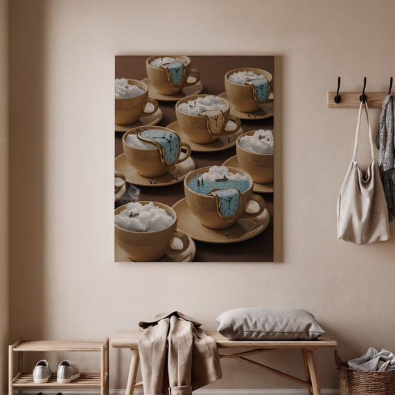Surreal Coffee Art Print Dreamy Cups Poster Waterfall Canvas Whimsical Decor Imaginative For Lovers