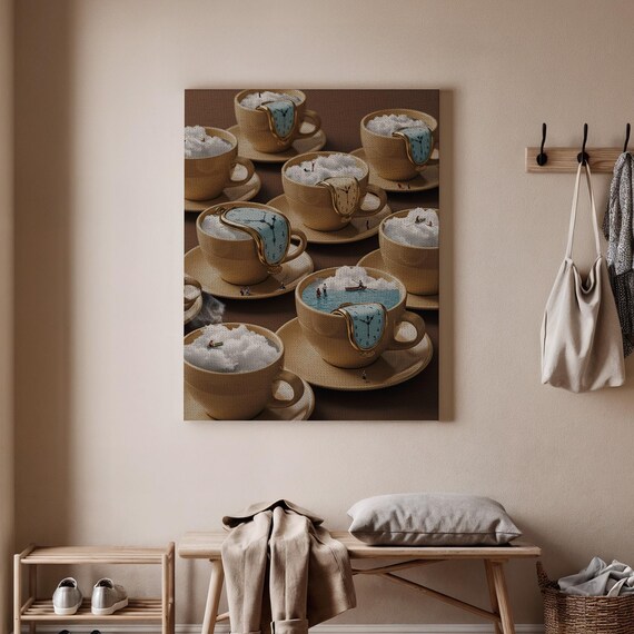 Surreal Coffee Cups with Melting Clocks Dreamy Kitchen Poster
