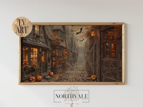 Vintage Cobblestone Alley, Rustic Autumn Night Art Print