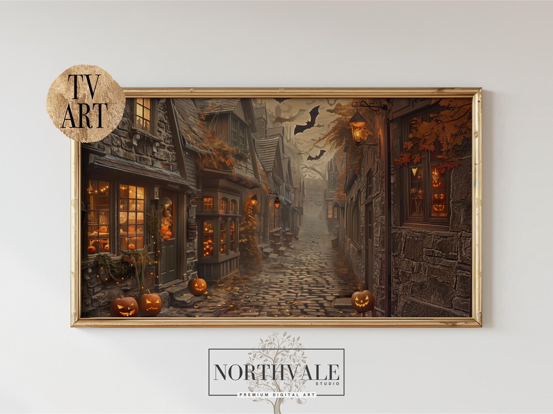 Vintage Cobblestone Alley, Rustic Autumn Night Art Print