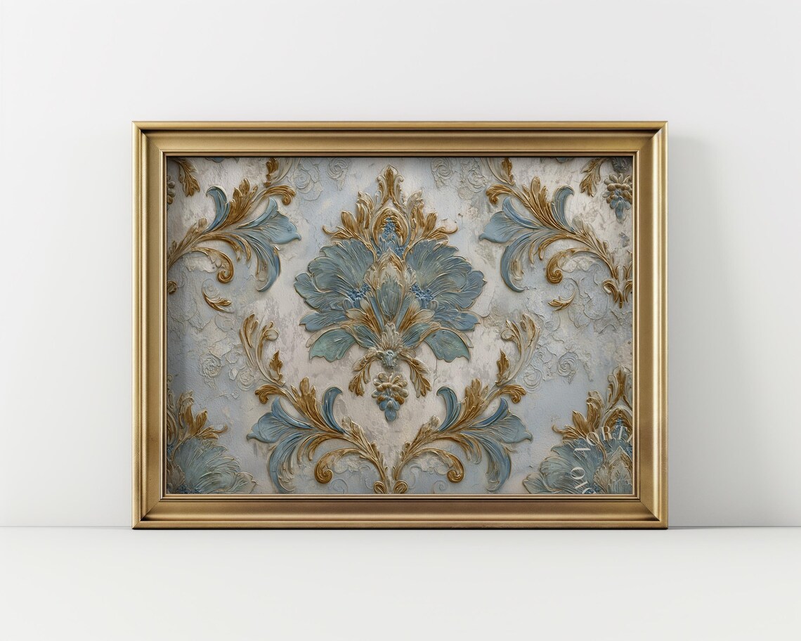 Faded Blue Damask Pattern Vintage French Style Wall Art Ornate Home Decor