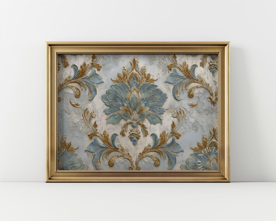 Vintage Damask Pattern Art Print Faded Blue French Decor