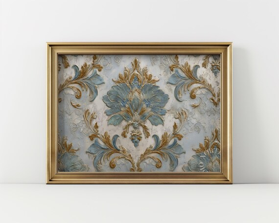 Faded Blue Damask Pattern Vintage French Style Wall Art Ornate Home Decor