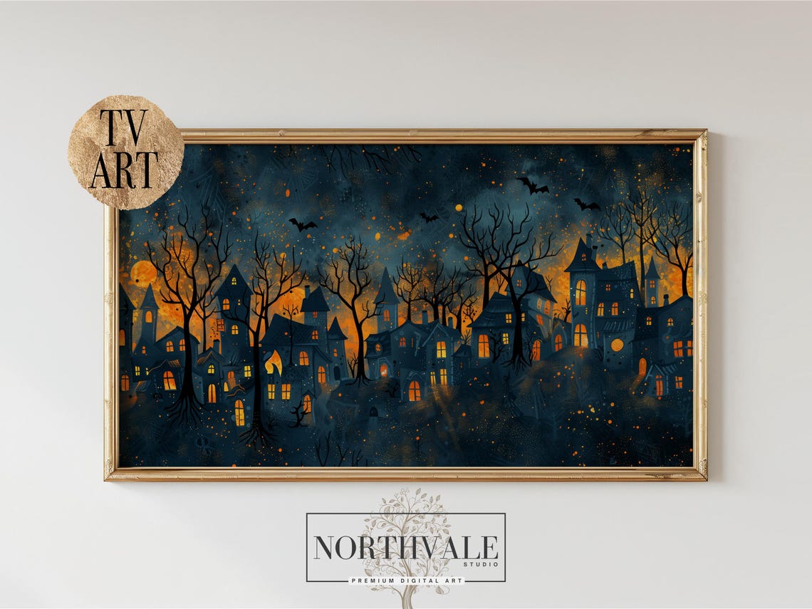 Spooky Haunted Halloween Town At Night Glowing Windows Art Poster