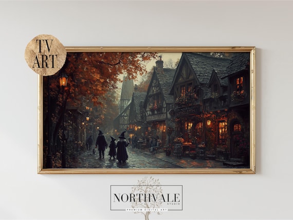 Halloween Frame Tv Art Spooky Street Scene Autumn Decor Print Little Wizards And Witches Trickortreat 119