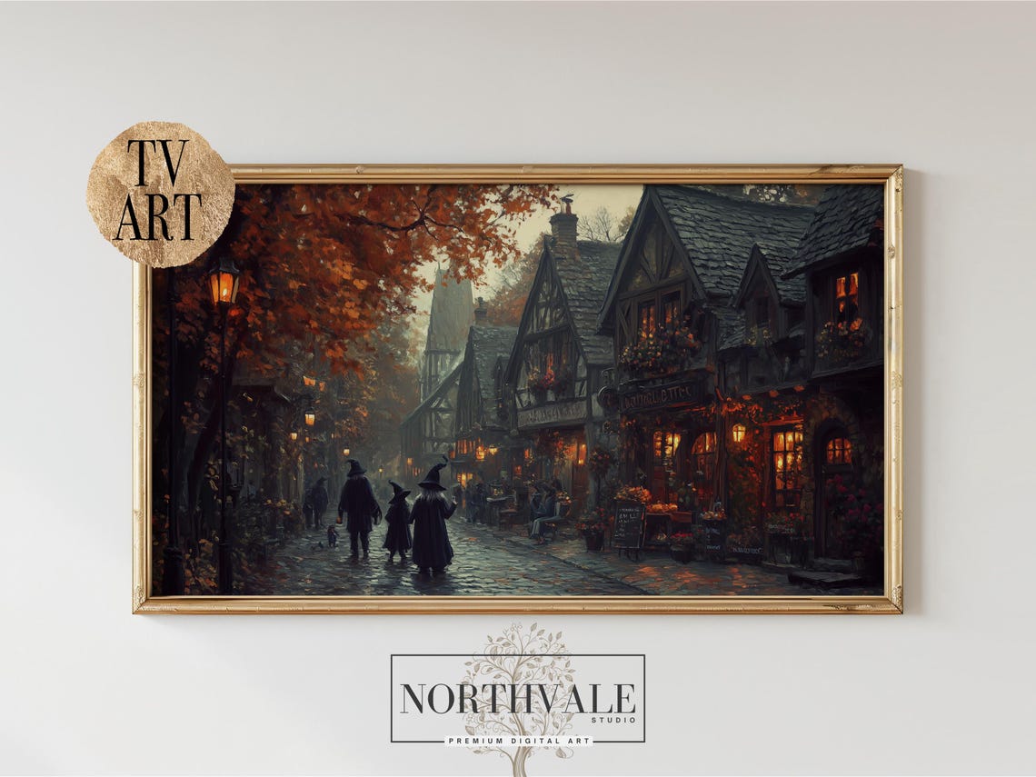 Witches Trick Or Treat Cobblestone Village Halloween Night Poster