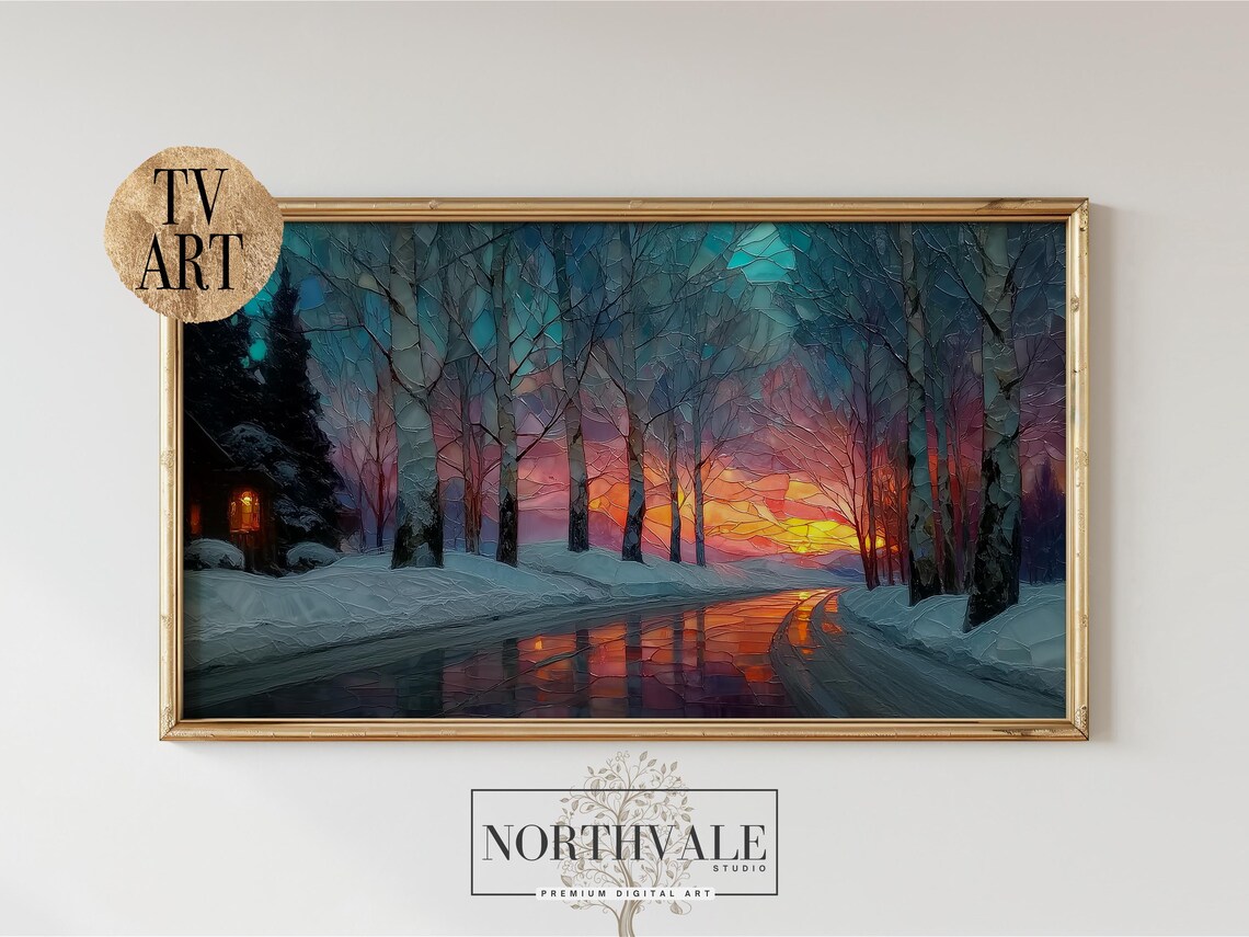 Winter Landscape, Stained Glass Sunset Grove