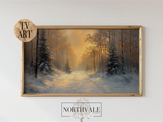 Rustic Snowy Forest Path Frame Tv Art Moody Winter Landscape Serene Pine Trees Warm Golden Light Tranquil Decor 159