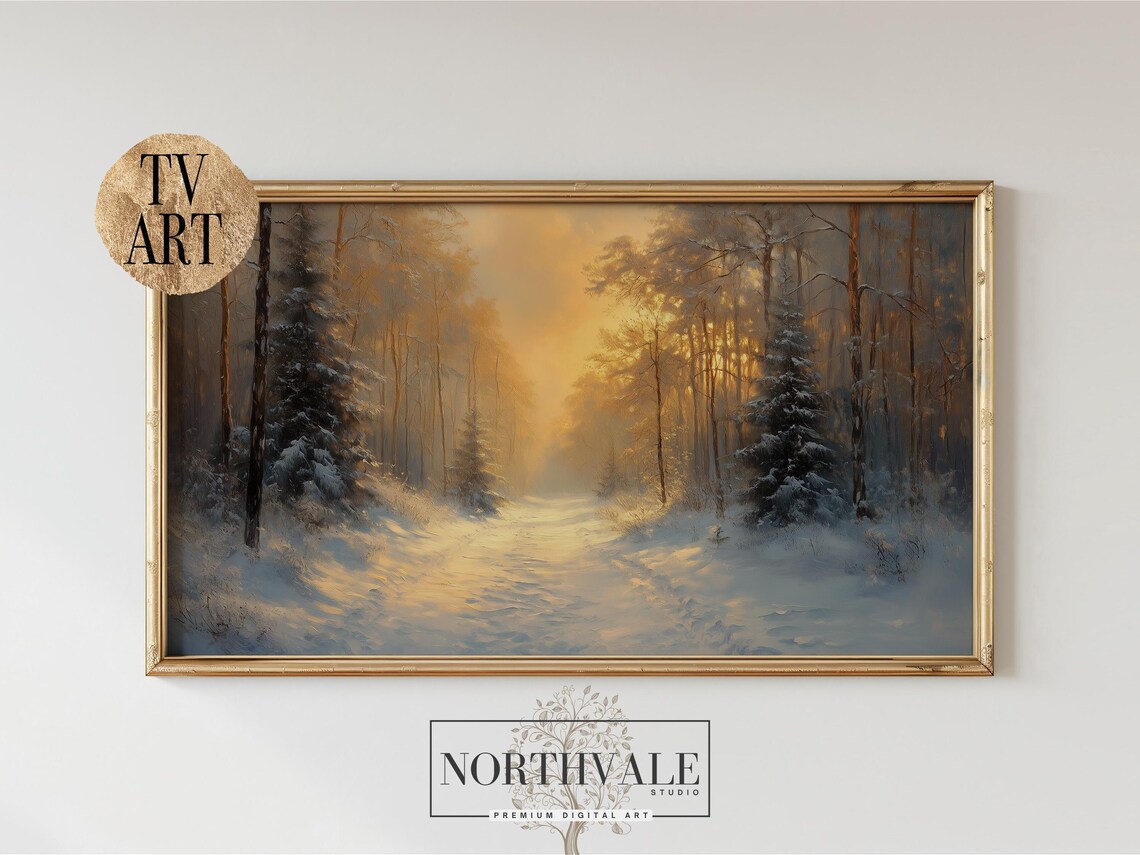 Snowy Forest Path Golden Sunrise Misty Winter Morning Art Poster