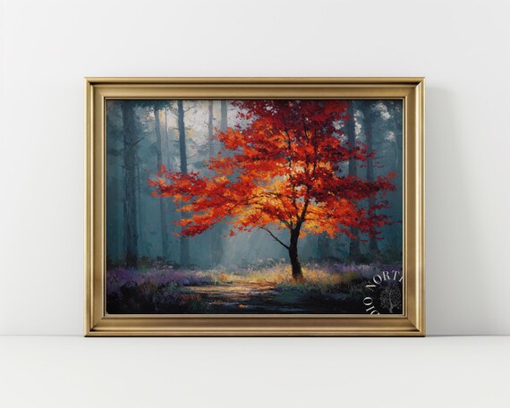Autumn Tree In Misty Forest Vintage Inspired Print Rustic Wall Art Landscape Painting Moody Nature Decor Impressionist 159
