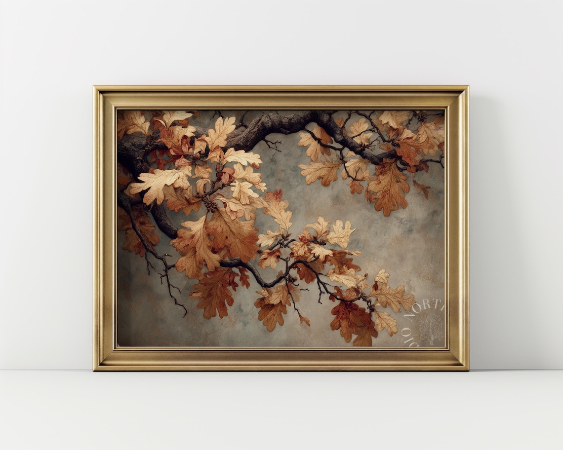 Vintage Oak Branch Illustration Golden Autumn Leaves Acorn Copperplate Poster