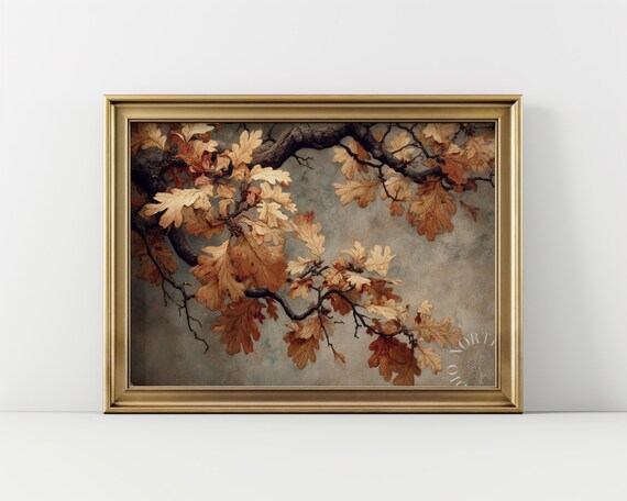 Copperplate Oak Branches Illustration Vintage Fall Art Rustic Autumn Decor Natureinspired Wall Dark Academia Style 157