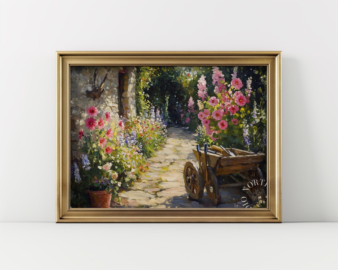 Cottage Flower Path Wheelbarrow Vintage Garden Oil Painting Poster