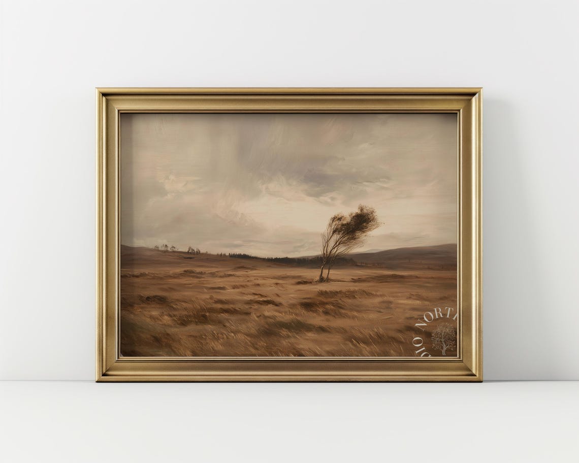 Windswept Grass Field Landscape Art Earthy Farmhouse Decor Vintage Print