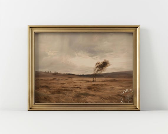 Windswept Grass Field Landscape Art Earthy Farmhouse Decor Vintage Print