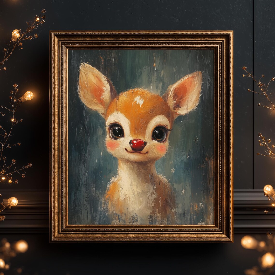 Christmas Baby Deer Vintage Style Art Print