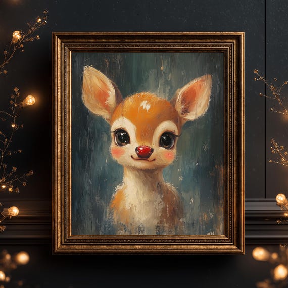 Christmas Baby Deer Vintage Style Art Print