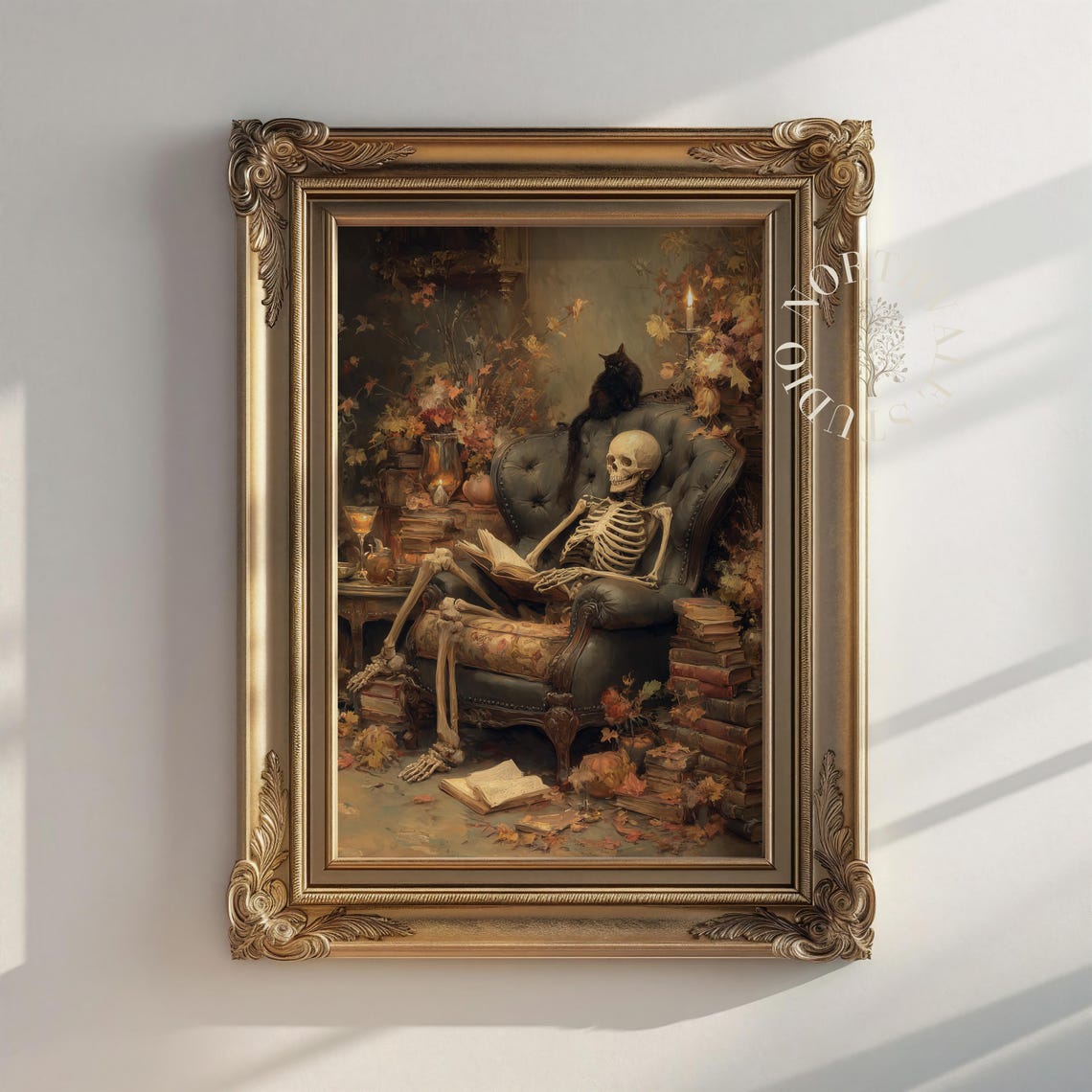 Skeleton Reading Armchair Black Cat Books Gothic Oil Painting Poster