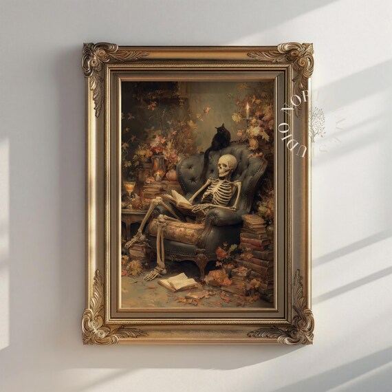 Vintage Skeleton In Armchair Gothic Art Dark Moody Oil Painting Unique Halloween Decor Rustic Wall Print 111