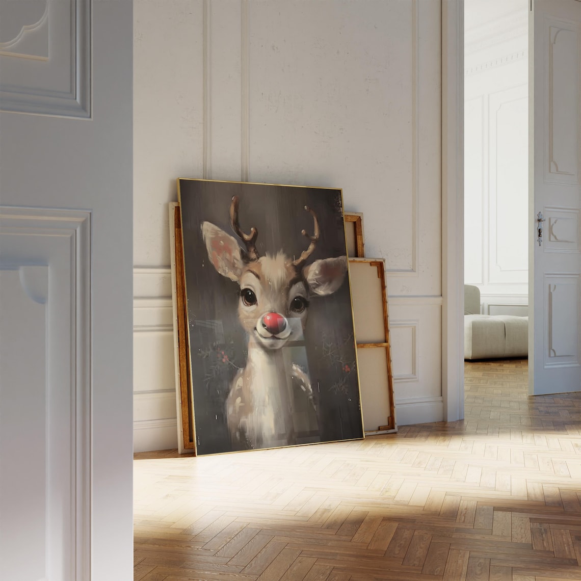 Rudolph Red Nose Reindeer Moody Vintage Christmas Painting Poster