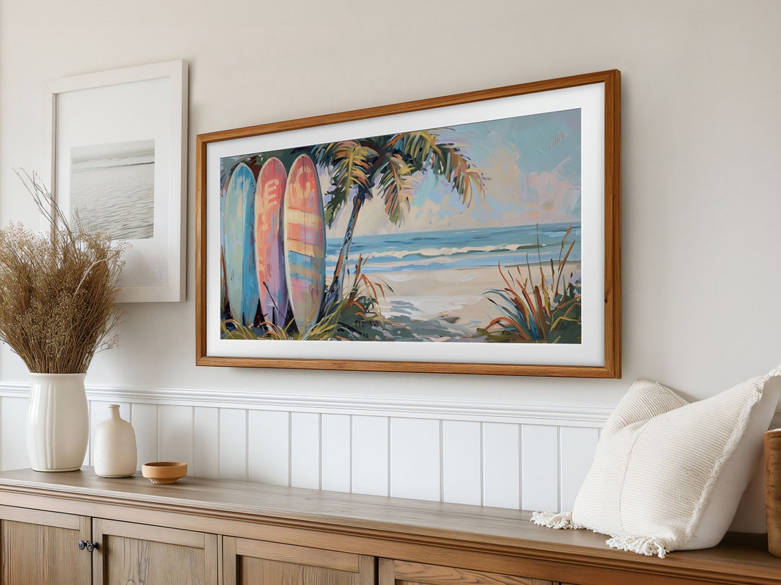 Colorful Surfboards Under a Palm Tree on the Beach Painting Poster - Image 2