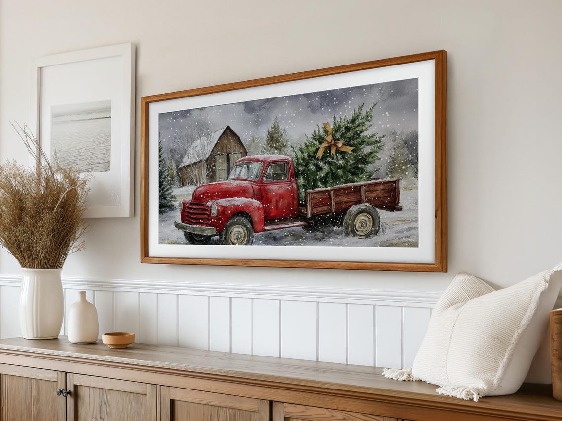Christmas Frame Tv Art Old Red Truck Winter Tv Christmas Tree In Vintage Truck Tv Art Frame Tv Art Christmas T800 - Image 2